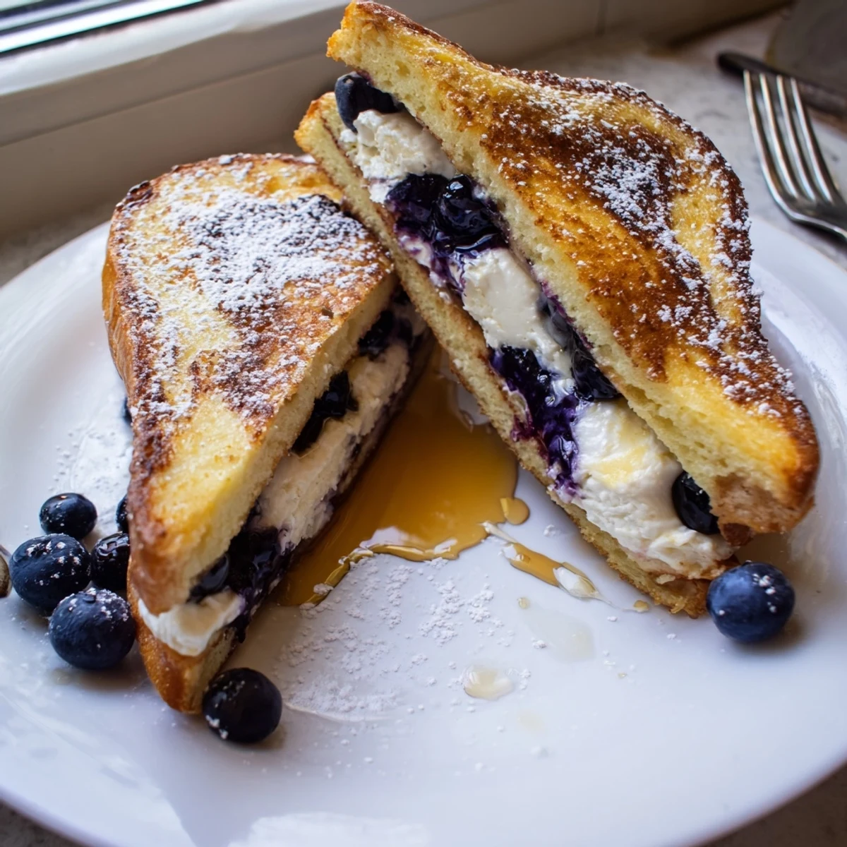 Thick brioche slices bursting with creamy cheesecake filling and juicy blueberries, served warm