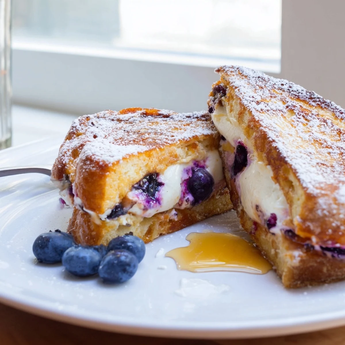 Crispy blueberry cheesecake stuffed French toast drizzled with maple syrup and topped with fresh berries
