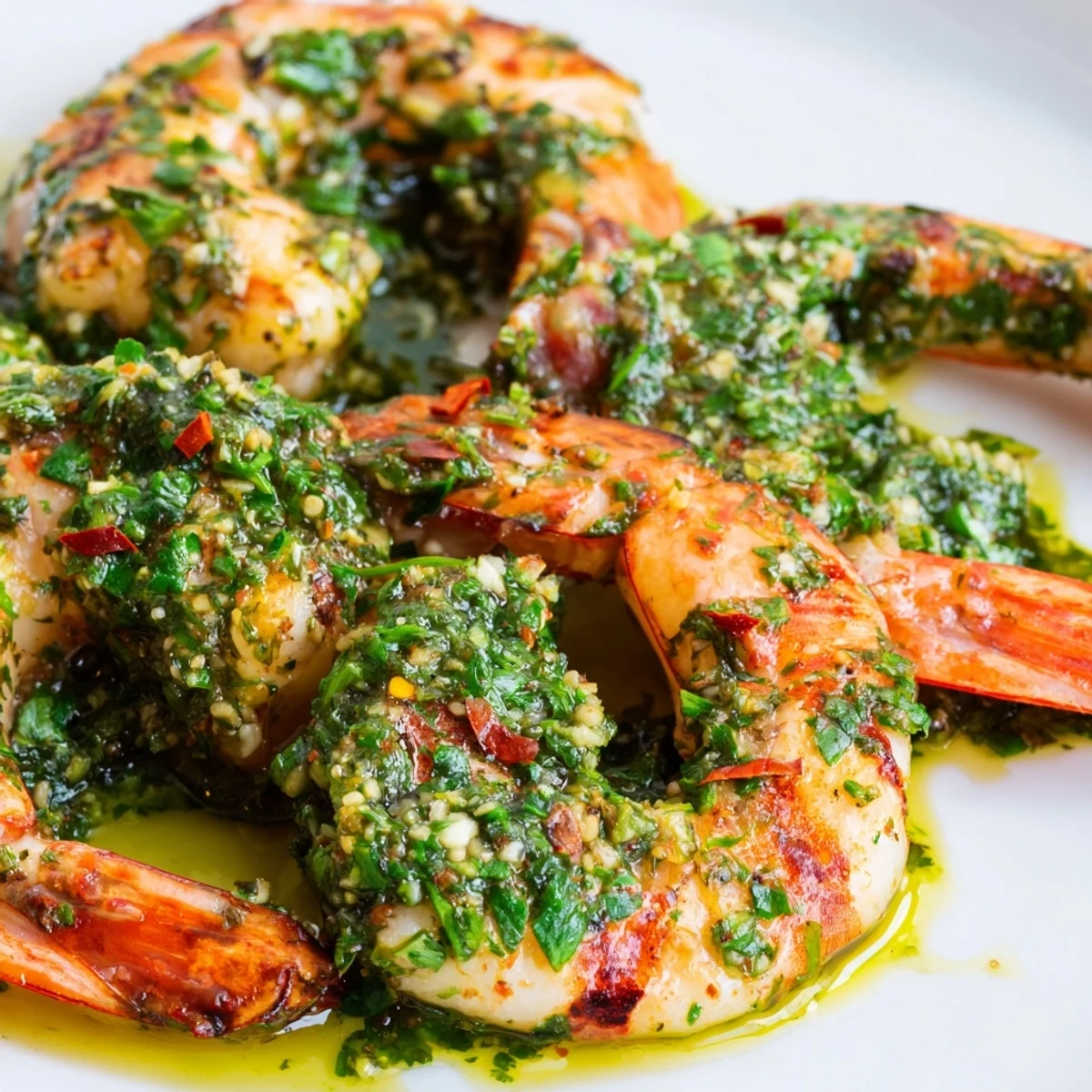 Golden chimichurri shrimp sizzling in a skillet with fresh herbs and lemon wedges