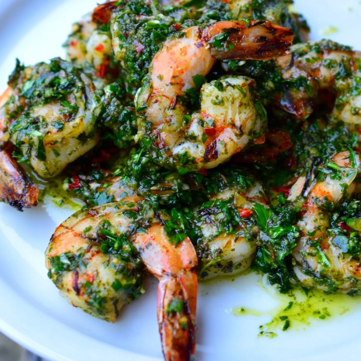 Close-up of chimichurri shrimp topped with vibrant green parsley cilantro sauce on a plate