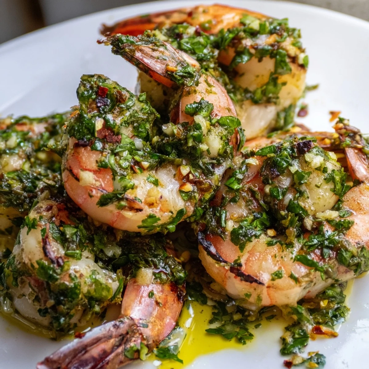 Succulent grilled chimichurri shrimp on skewers drizzled with bright herbaceous Argentine-style sauce