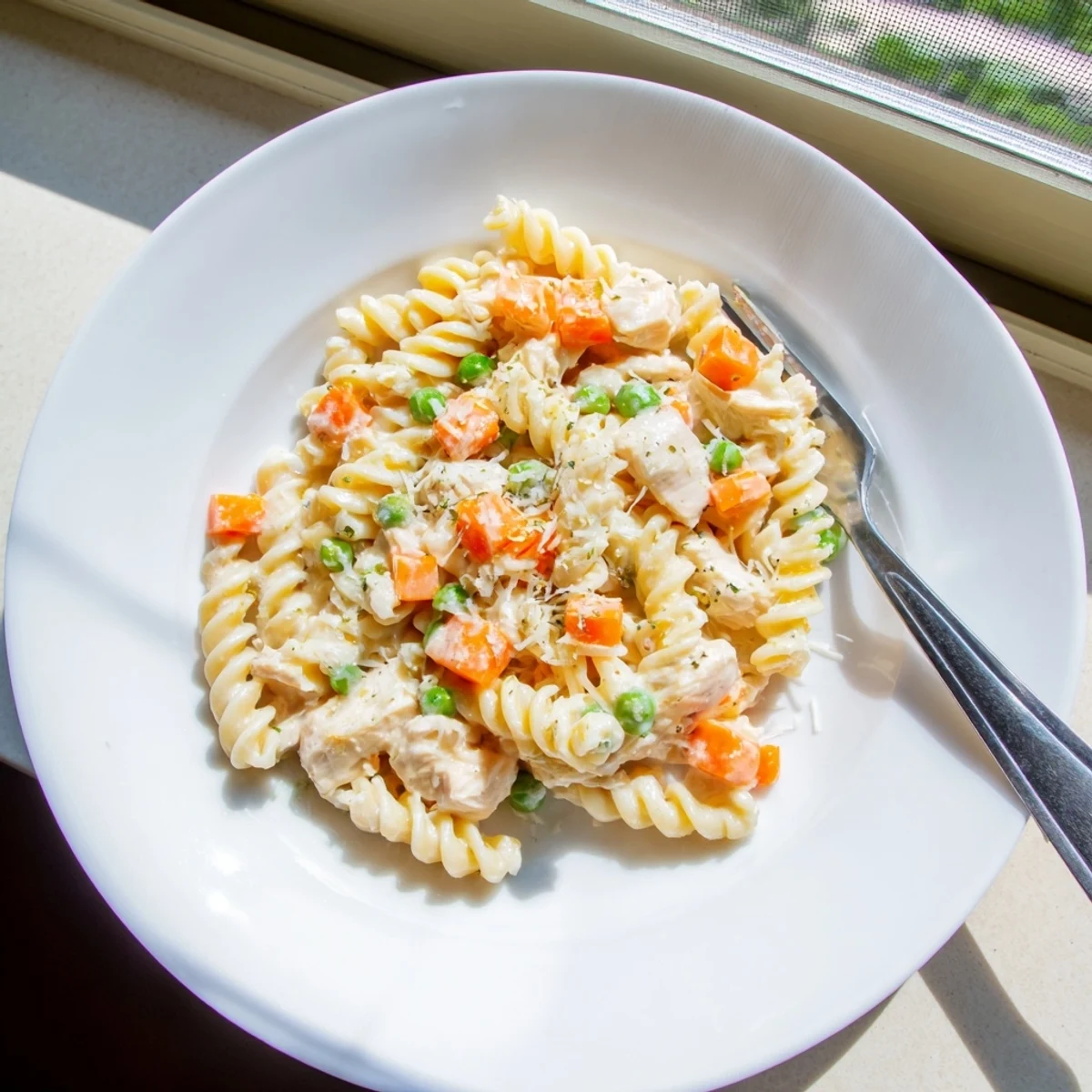 Creamy chicken pot pie pasta tossed with tender vegetables in a rich, savory white sauce