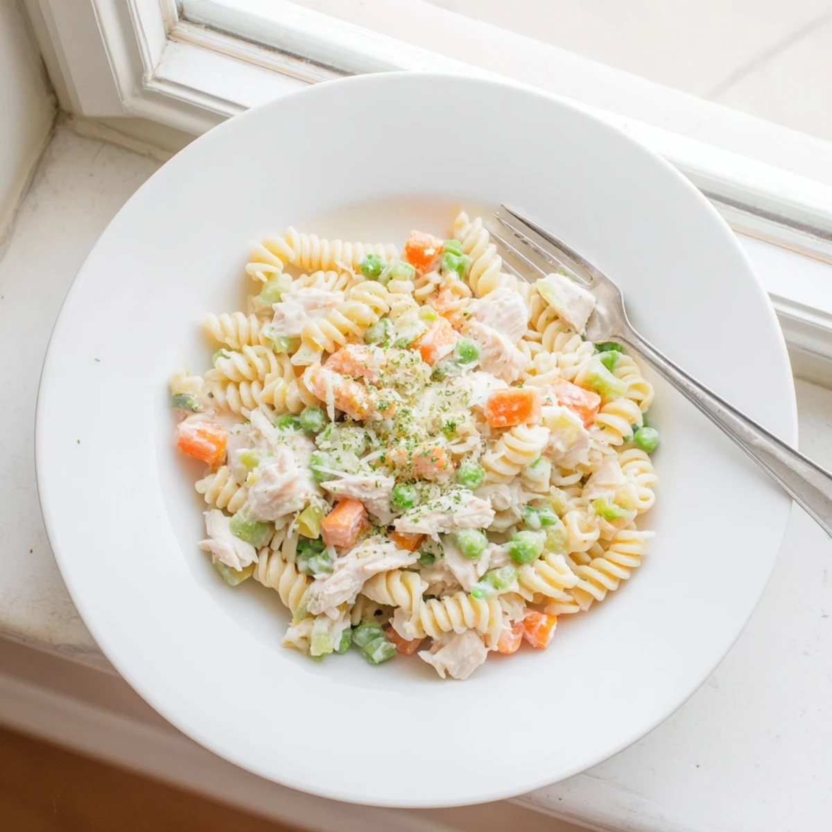 Golden chicken pot pie pasta with rotini noodles, diced chicken, and creamy herb sauce