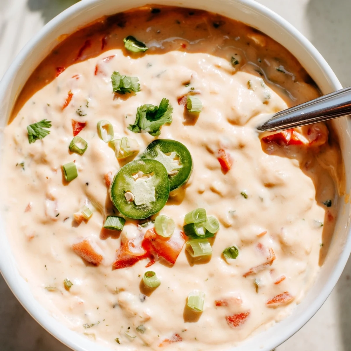 Thick and velvety dairy-free Rotel nacho dip spooned onto a plate with colorful vegetable crudités