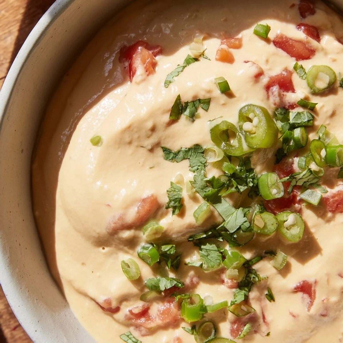 Golden vegan Rotel nacho dip bubbling in a bowl, topped with fresh cilantro and jalapeño slices