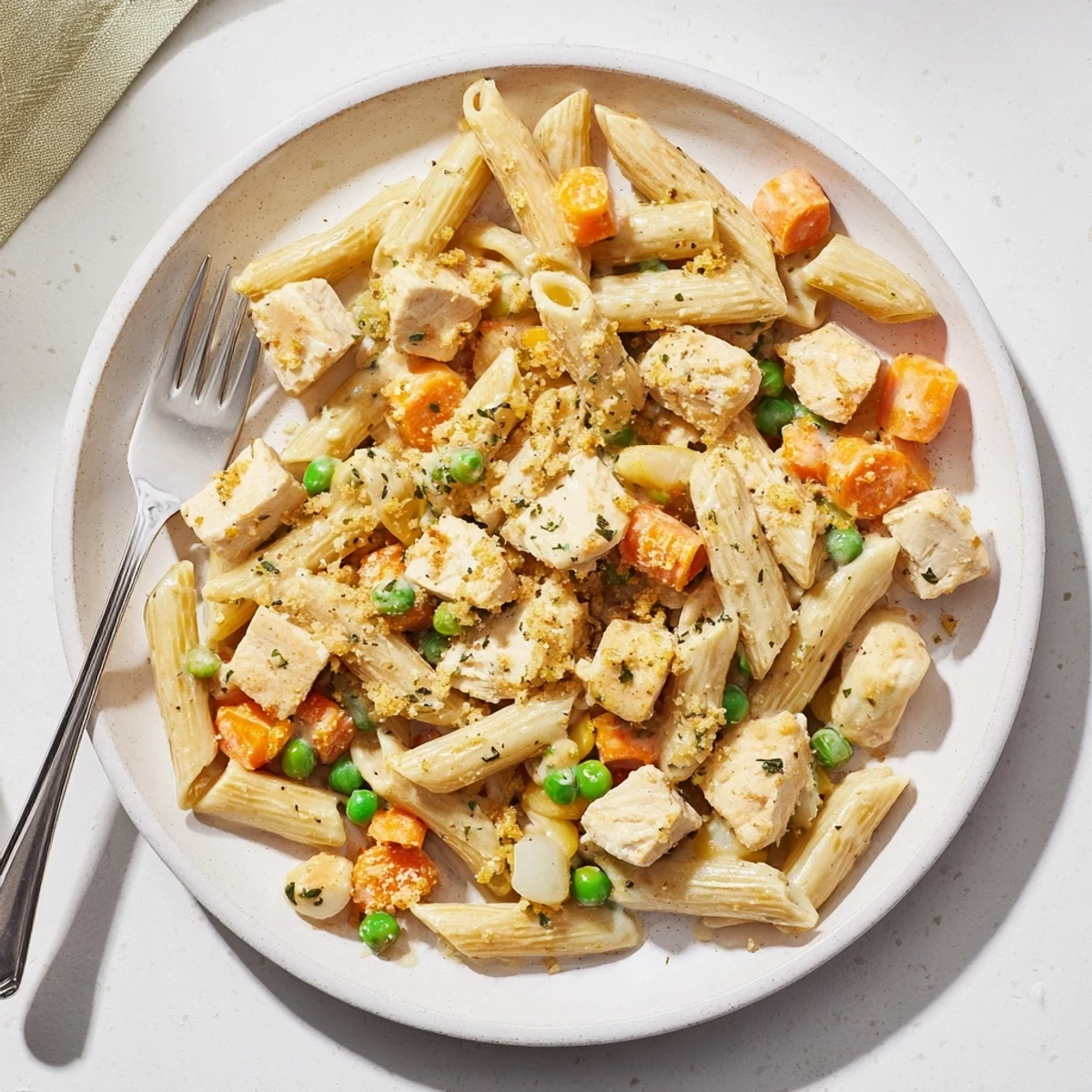 Creamy pot pie pasta with tender chicken, vegetables, and golden buttery cracker topping
