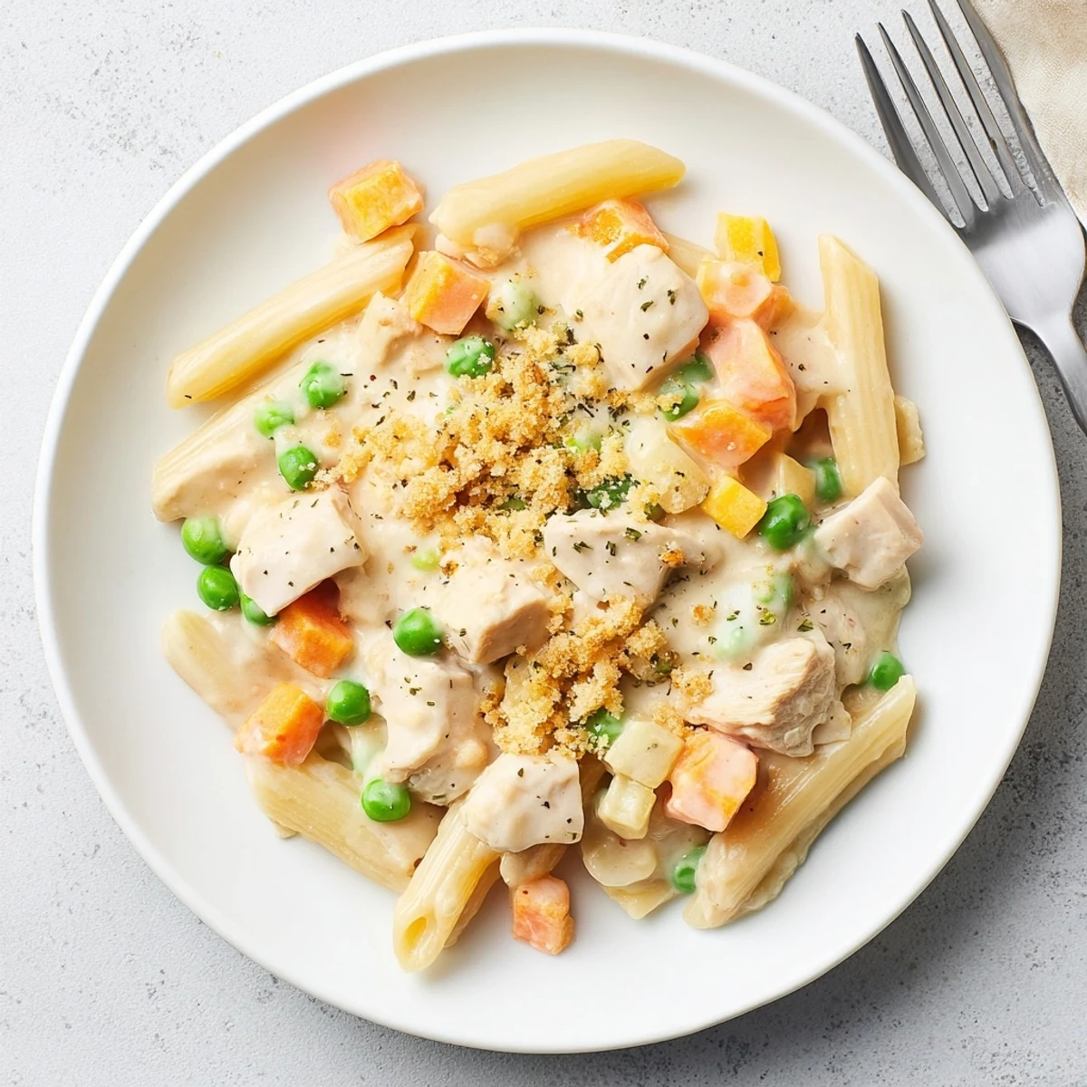 Comforting pot pie pasta dish loaded with chunks of chicken, carrots, and peas