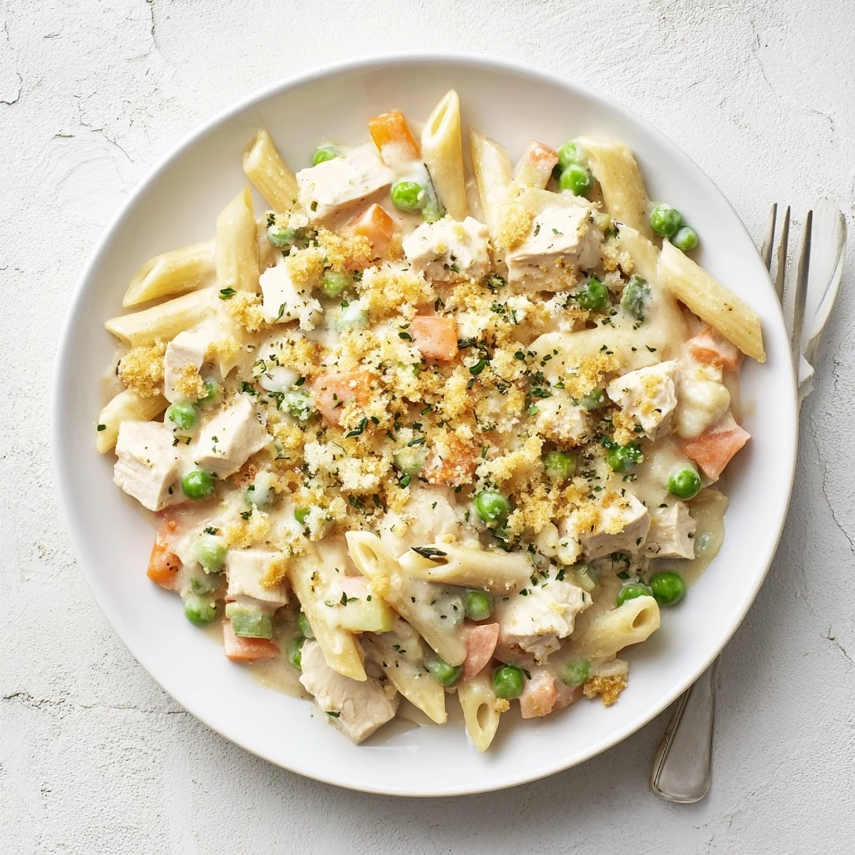 Steaming bowl of pot pie pasta featuring rotini noodles in a rich white sauce