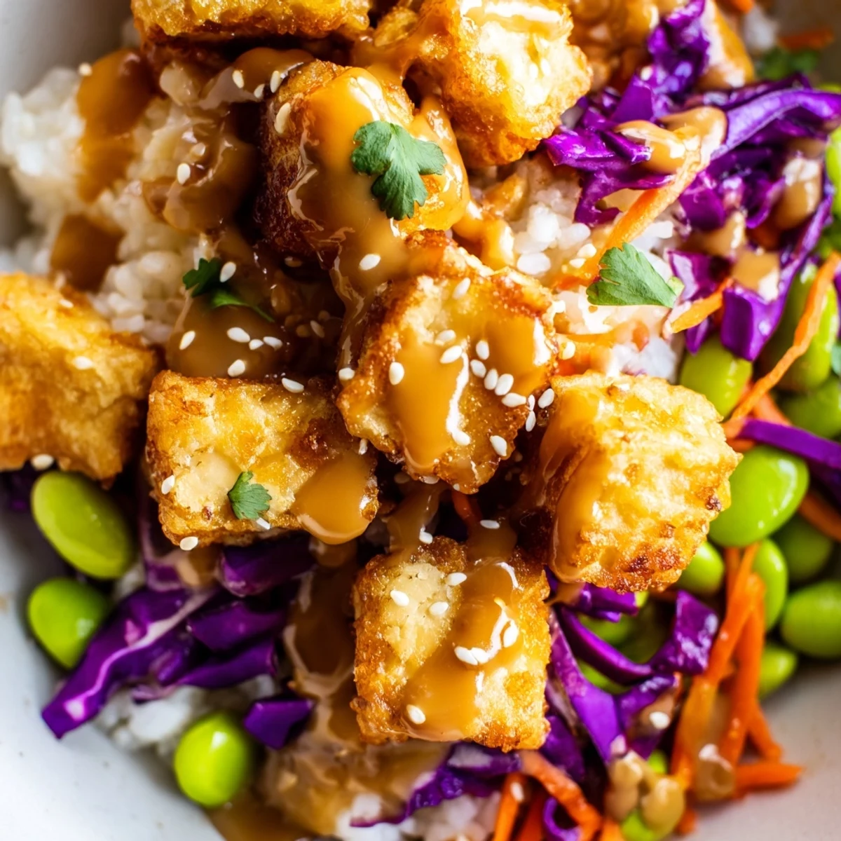 Crispy golden tofu rice bowl with peanut sauce drizzled over fresh vegetables