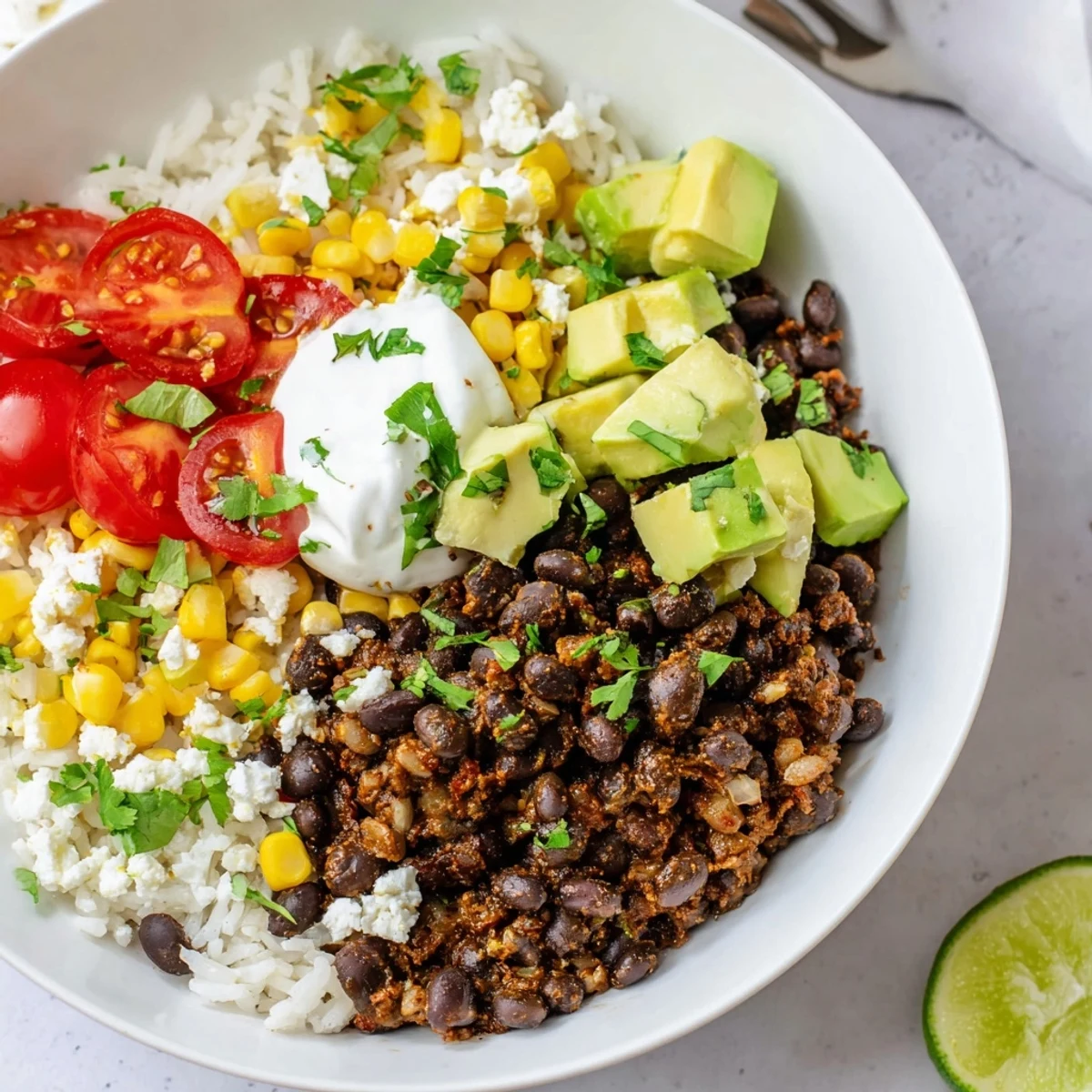 Colorful black bean and rice bowl topped with avocado, tomatoes, and fresh cilantro
