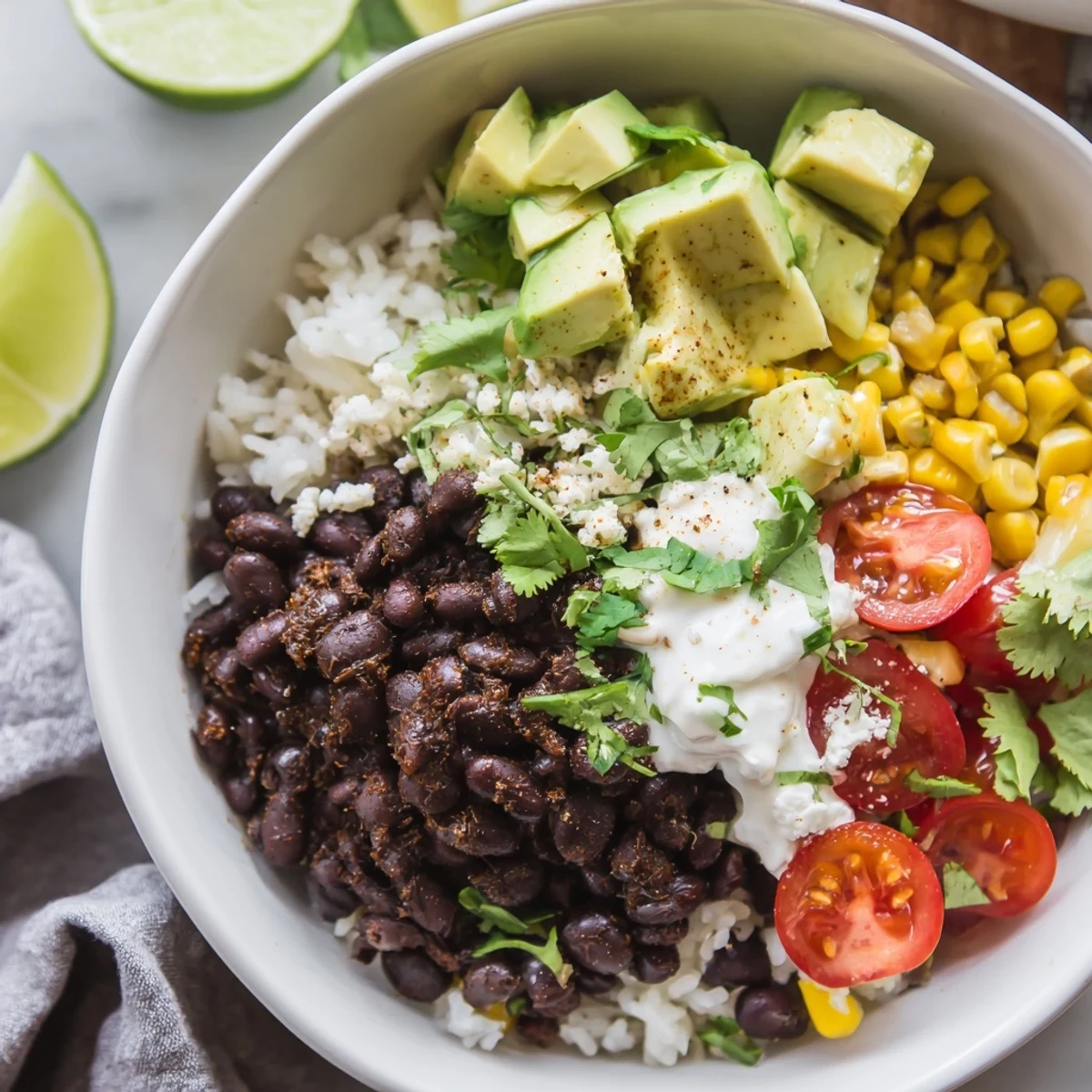 Hearty black bean and rice bowl layered with corn, creamy avocado, and salsa