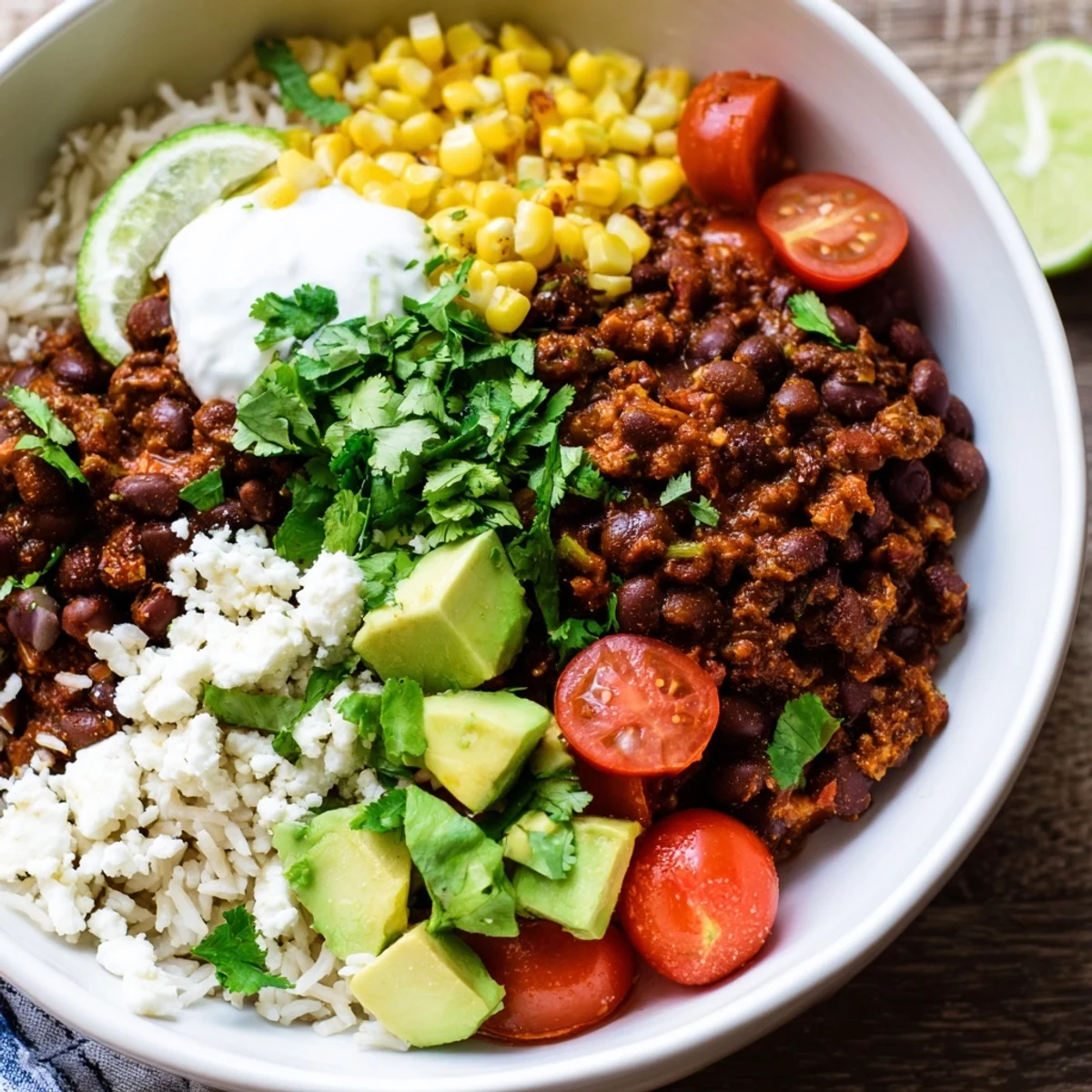 Steaming black bean and rice bowl served with lime wedges and crumbled queso