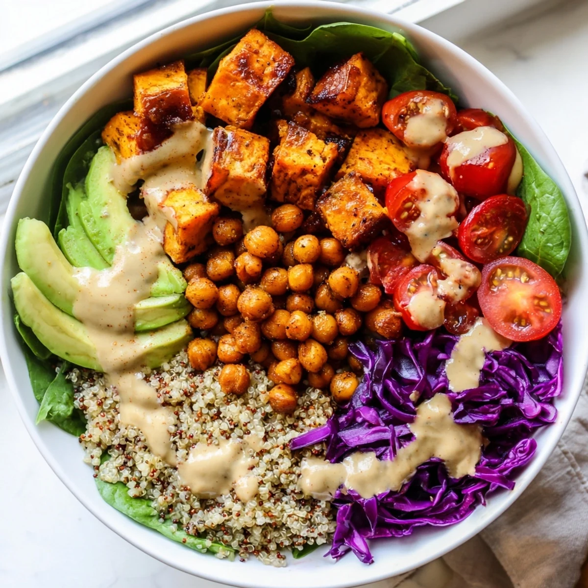 A colorful sweet potato bowl with roasted chickpeas and creamy tahini dressing