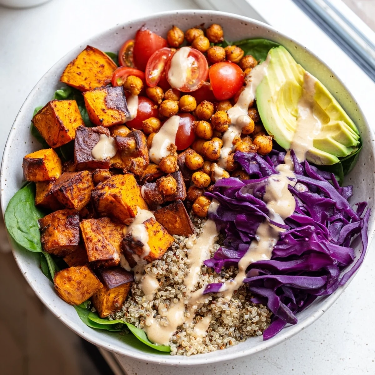 Golden roasted sweet potatoes nestled over fresh spinach with zesty tahini drizzle
