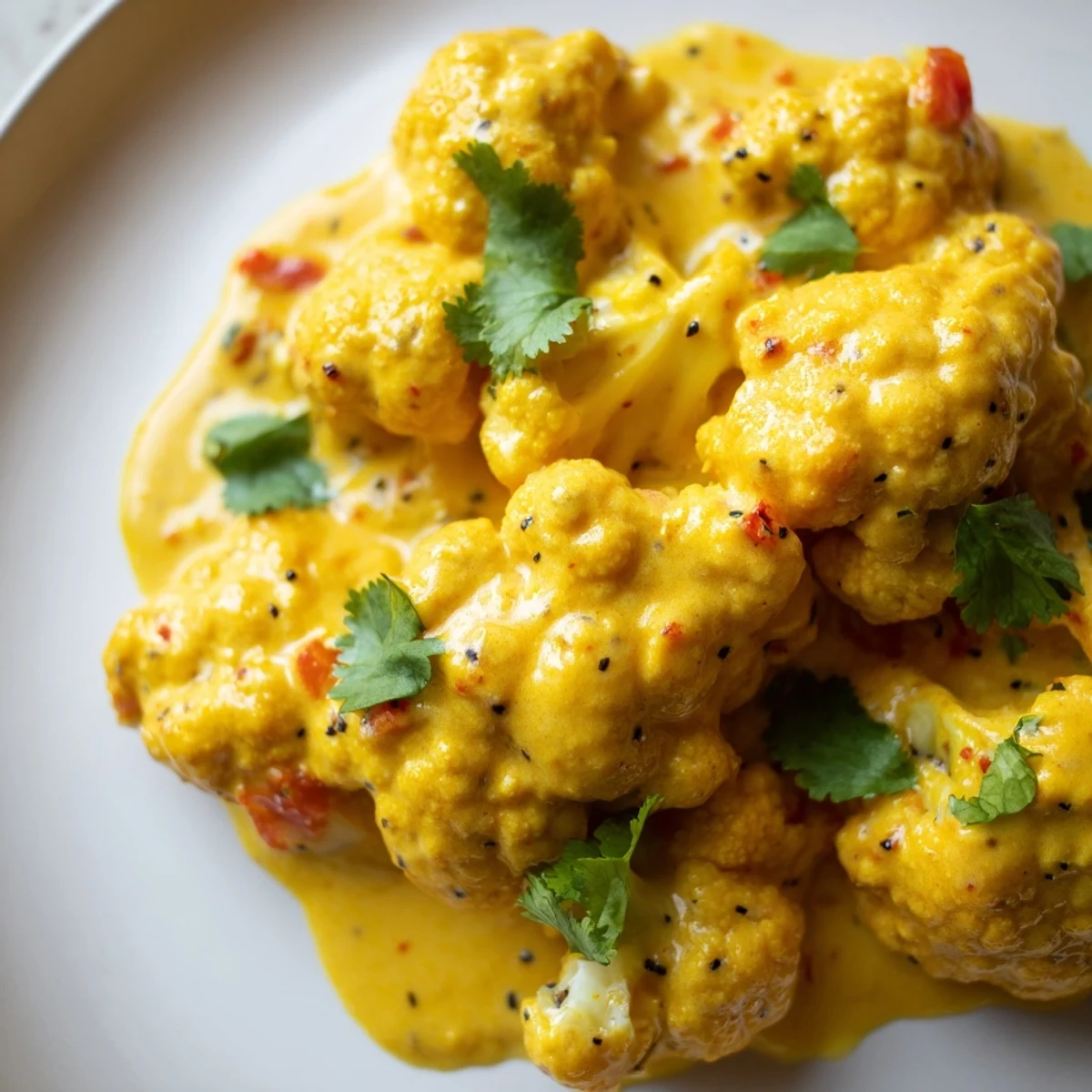 Tender cauliflower florets coated in a rich, velvety Greek Yogurt Cauliflower Curry sauce