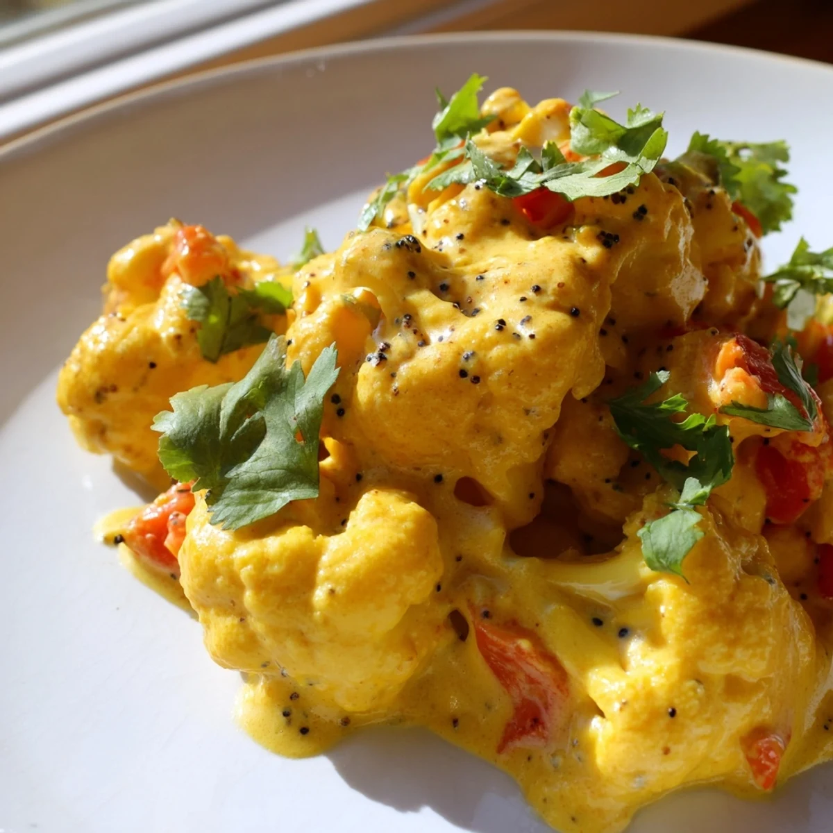 Creamy Greek Yogurt Cauliflower Curry in a golden spiced sauce with fresh cilantro garnish