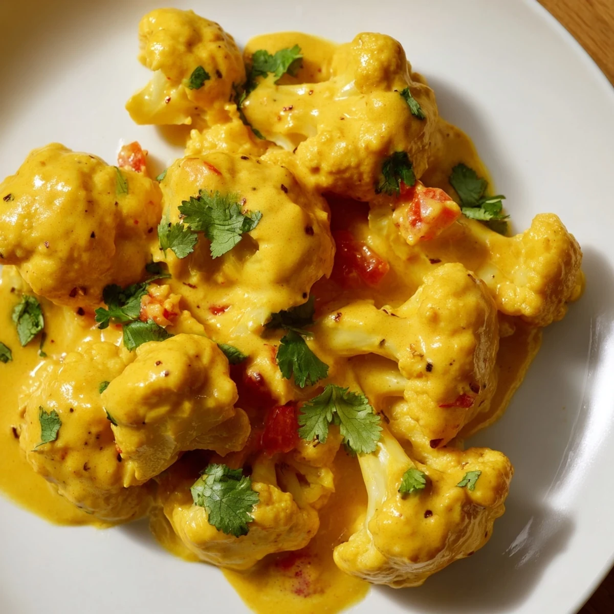 Steaming bowl of Greek Yogurt Cauliflower Curry served over fluffy basmati rice with naan