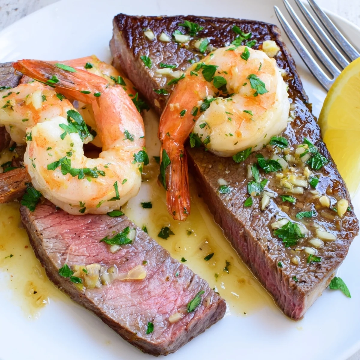 Juicy seared steak and garlic butter shrimp plated together on a white dinner plate