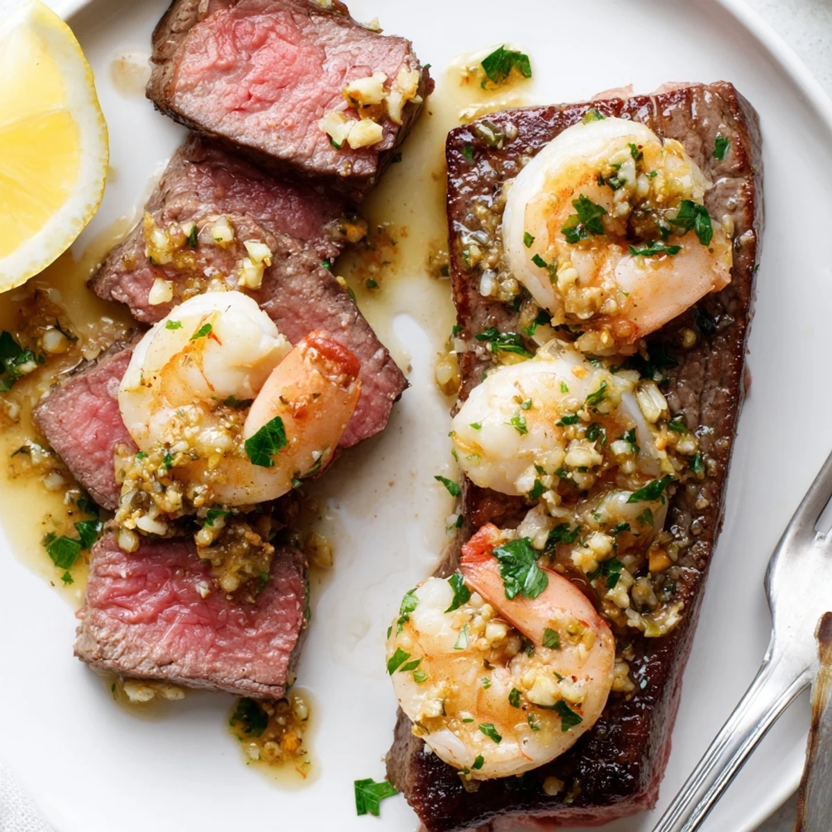 Tender steak and garlic butter shrimp glistening with rich herb sauce and lemon wedges