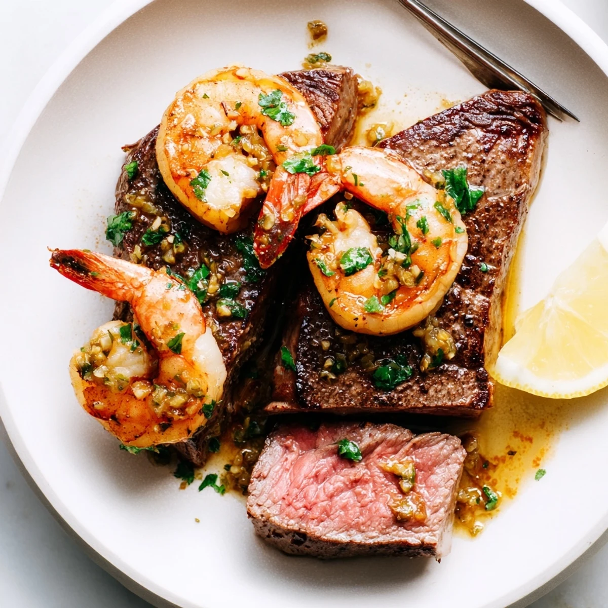 Pan-seared steak topped with plump garlic butter shrimp in a golden, bubbling sauce