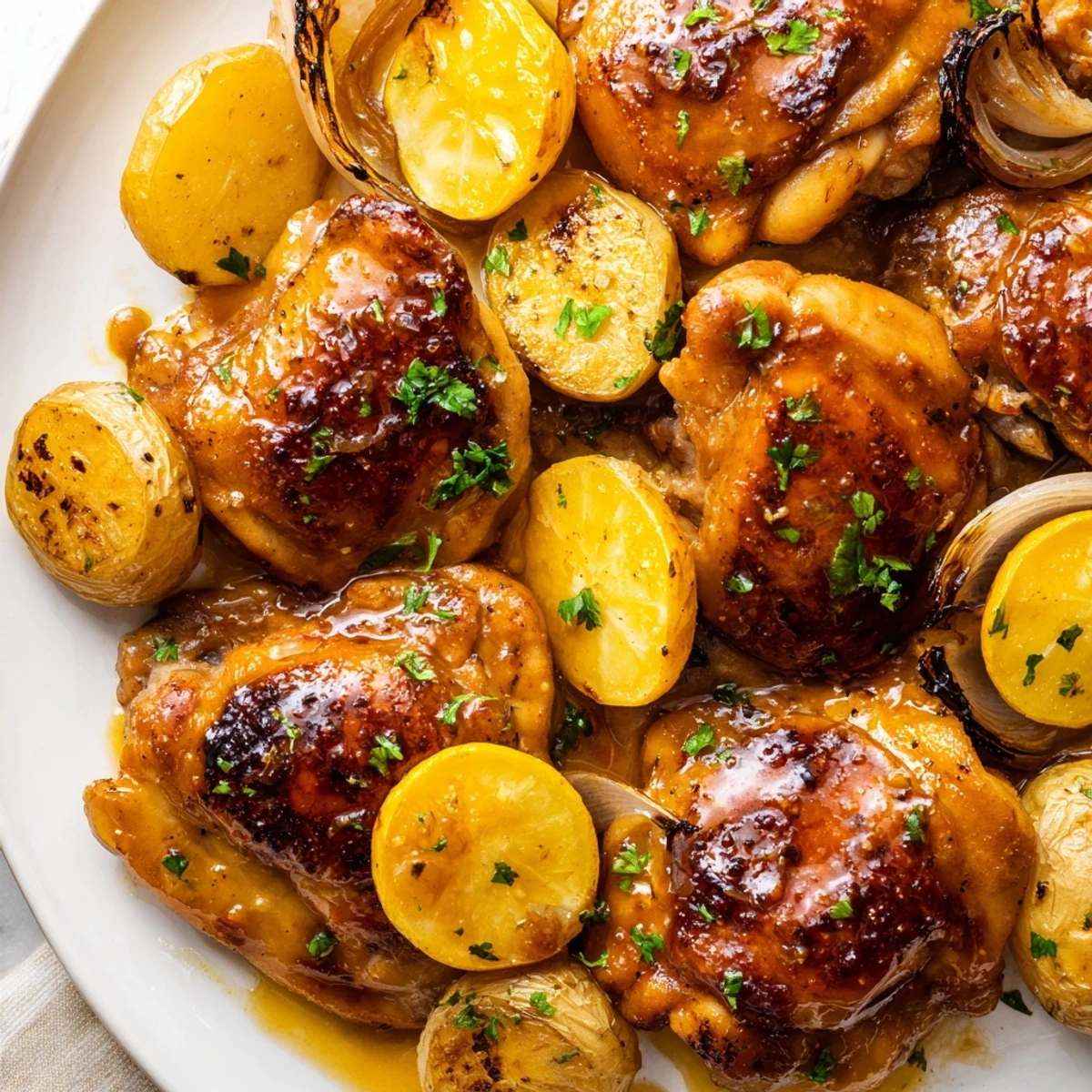 Juicy baked honey lemon chicken and potatoes glistening with golden pan juices on a rustic sheet pan
