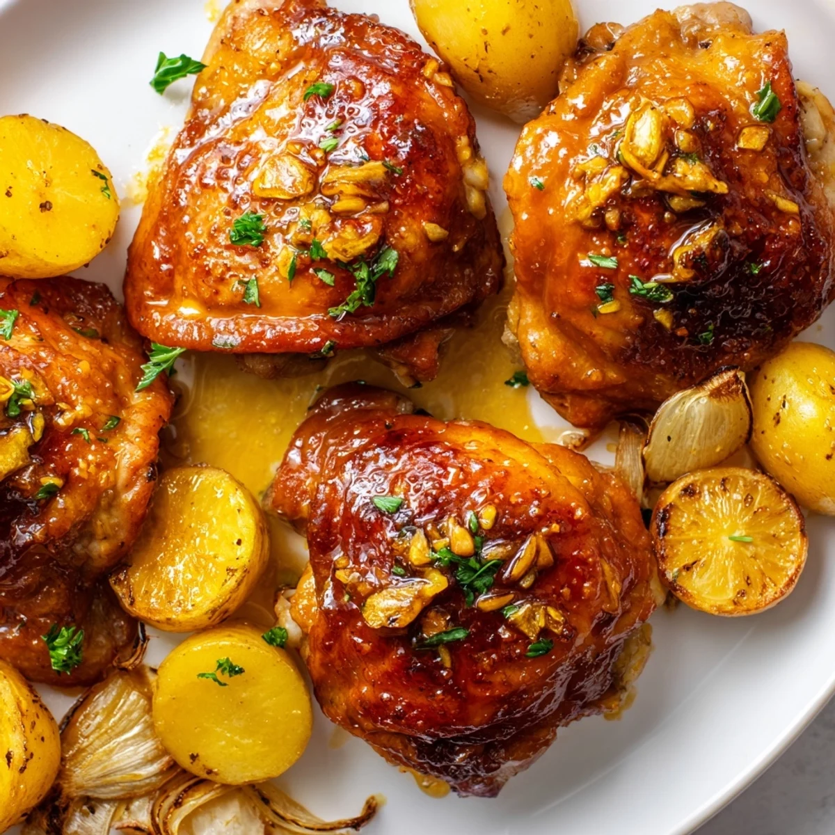 Crispy-skinned baked honey lemon chicken and potatoes drizzled in a tangy, caramelized sauce with fresh thyme