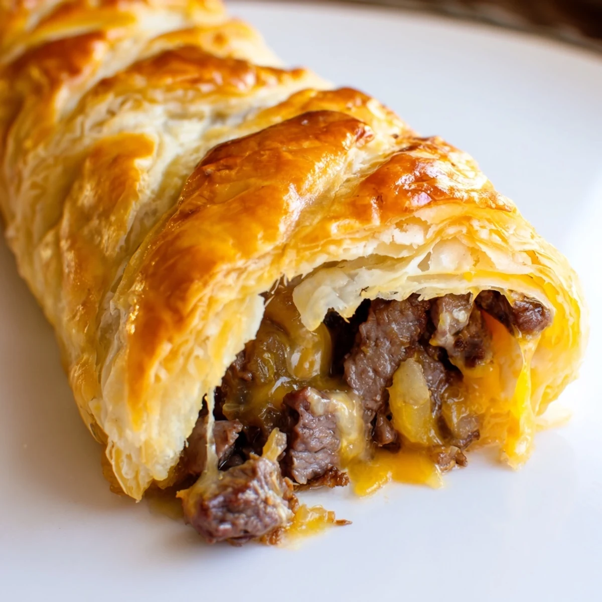 Golden baked Greggs inspired steak and cheese roll with melted cheddar oozing from flaky puff pastry crust