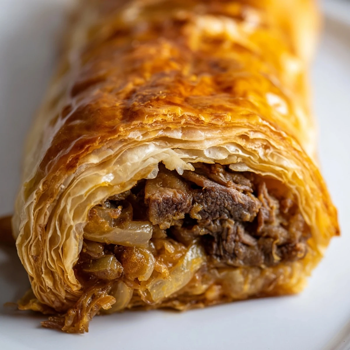 Steaming Greggs inspired steak and cheese roll sliced open revealing tender beef and melted cheddar filling
