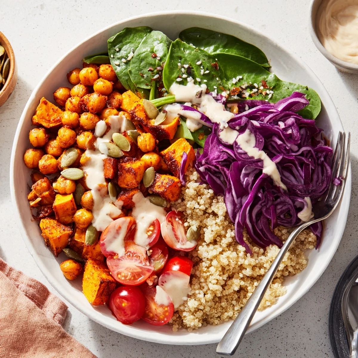 Colorful Buddha Bowl with roasted sweet potatoes, chickpeas, and creamy tahini drizzle