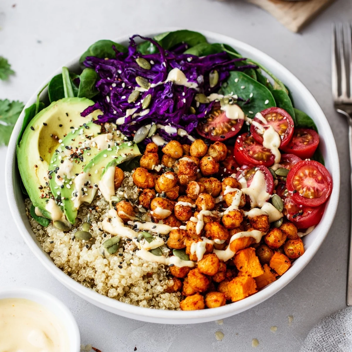 Vibrant Buddha Bowl featuring crispy chickpeas, avocado, and fresh garden vegetables