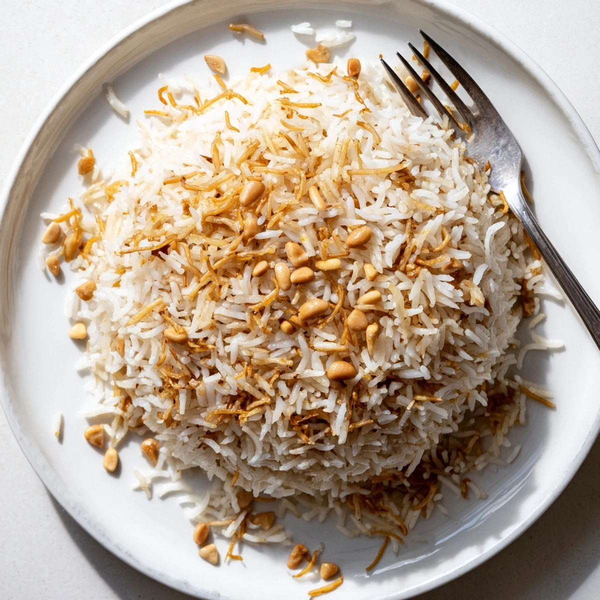 Fluffy Lebanese Rice with golden toasted vermicelli and pine nuts garnish