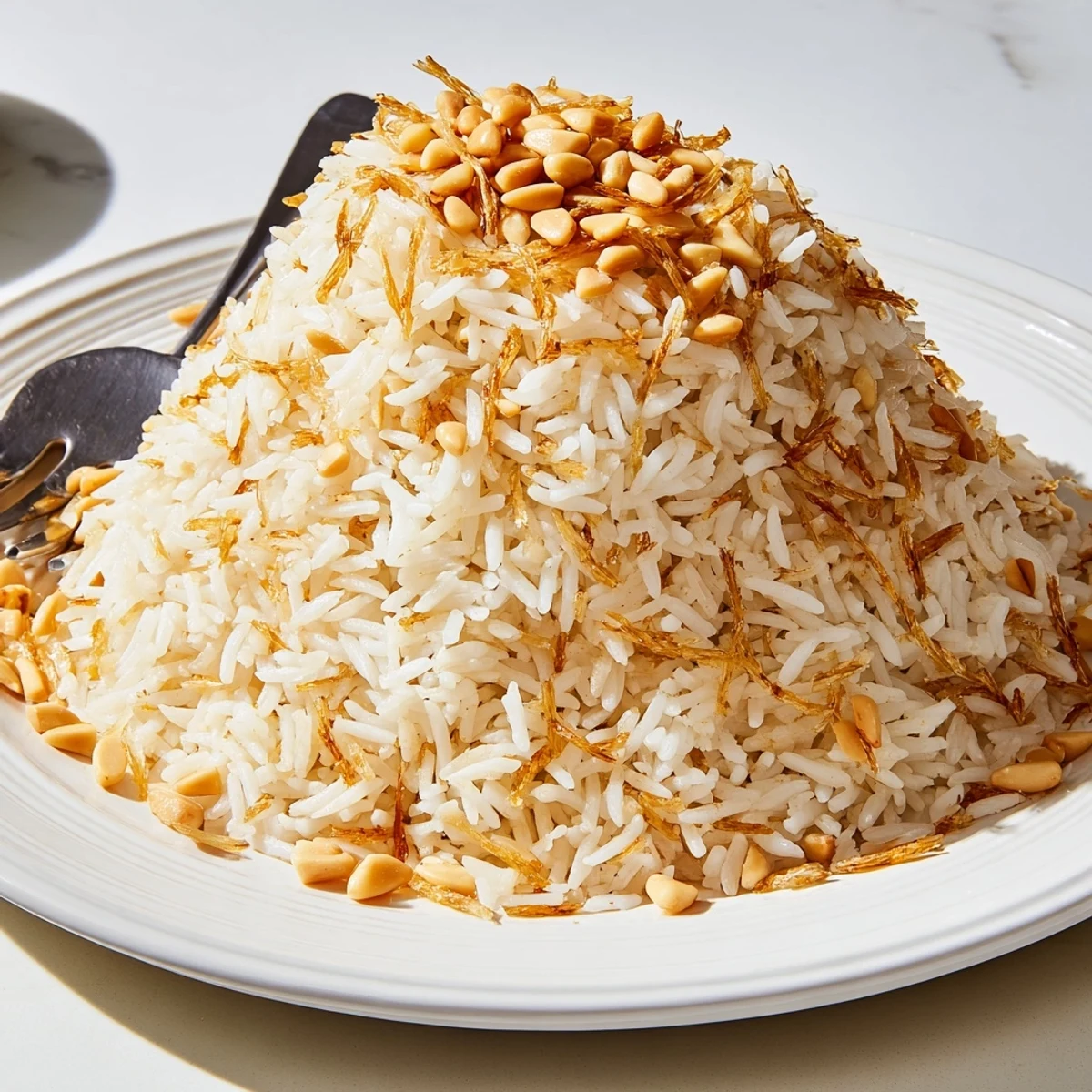 Steaming bowl of Lebanese Rice studded with buttery browned vermicelli noodles