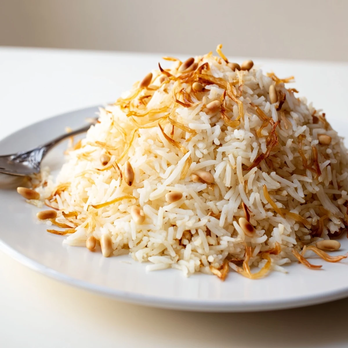 Pillowy Lebanese Rice crowned with crunchy pine nuts served in a rustic bowl