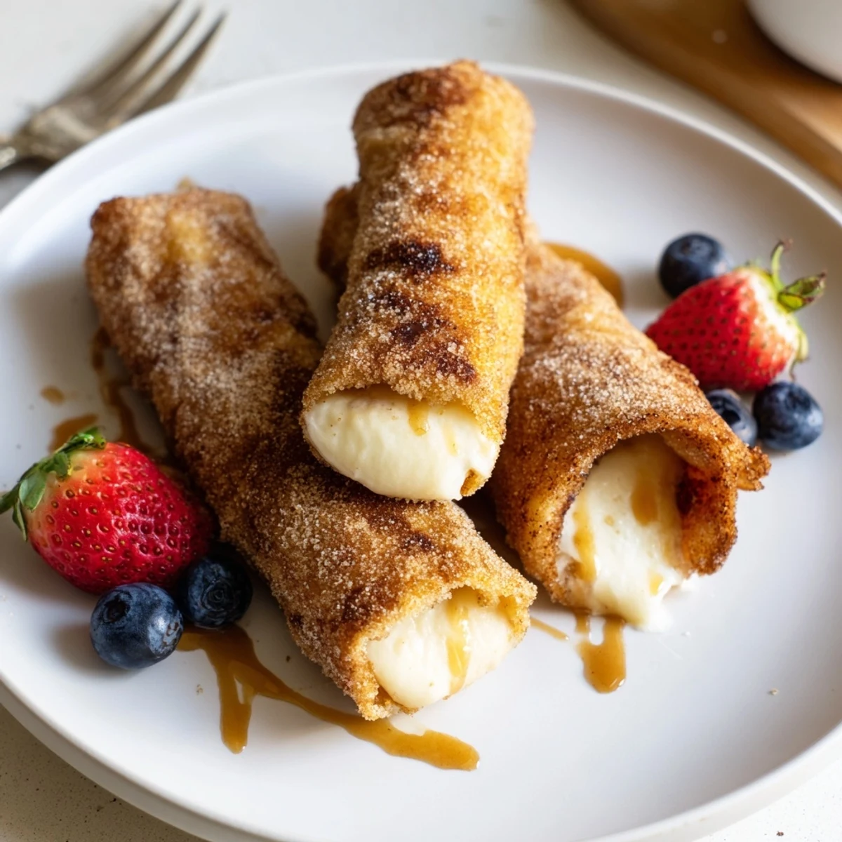Golden crispy cheesecake chimichangas dusted with cinnamon sugar on a rustic plate