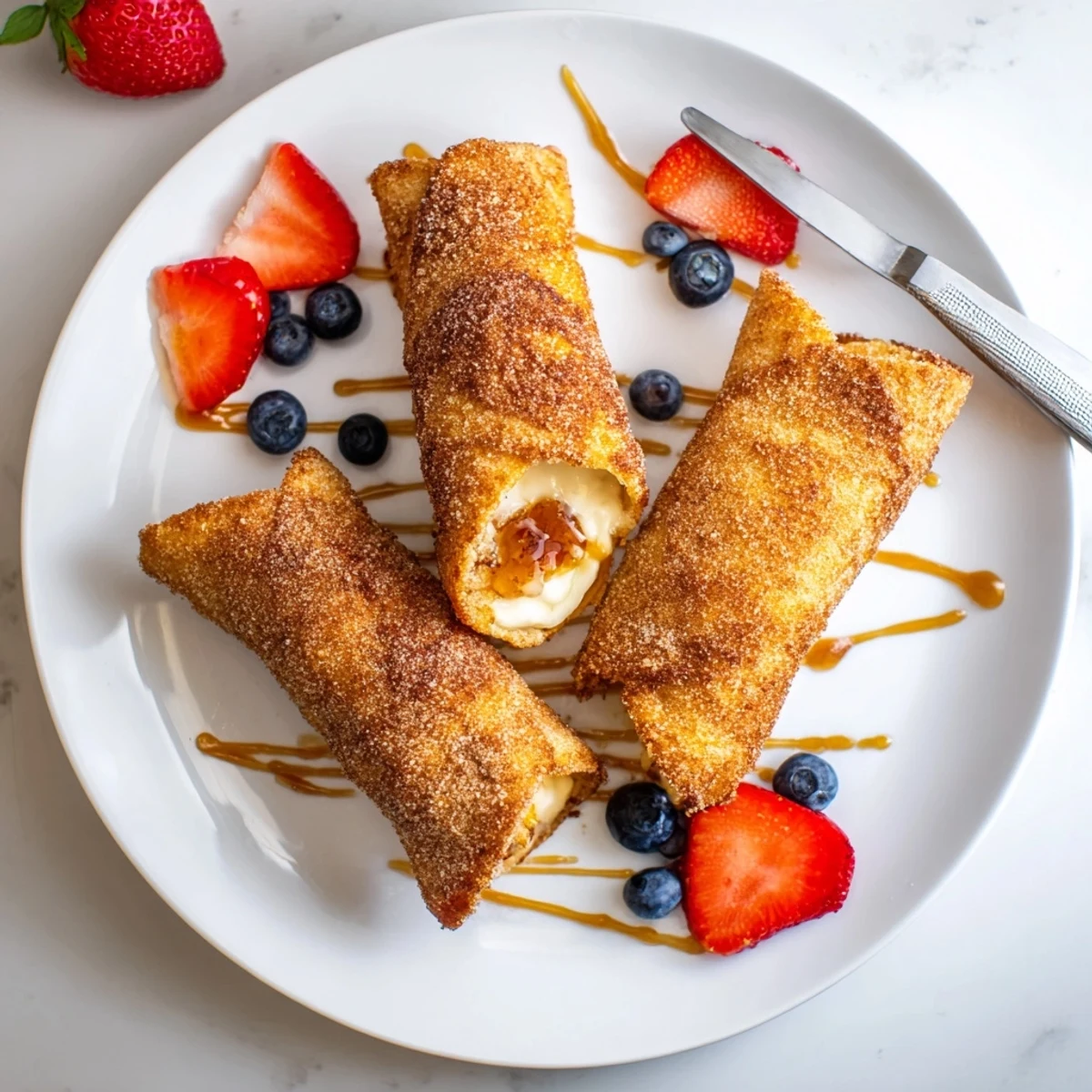 Creamy cheesecake chimichangas drizzled with caramel sauce and topped with fresh berries