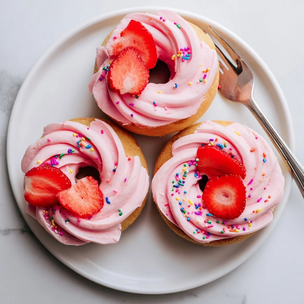 Golden baked strawberry buttercream frosted donuts topped with fresh strawberry slices and colorful sprinkles