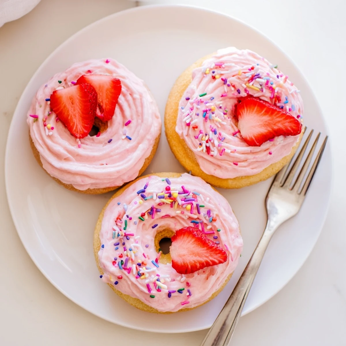 Fluffy strawberry buttercream frosted donuts arranged on a white plate with pink swirled frosting