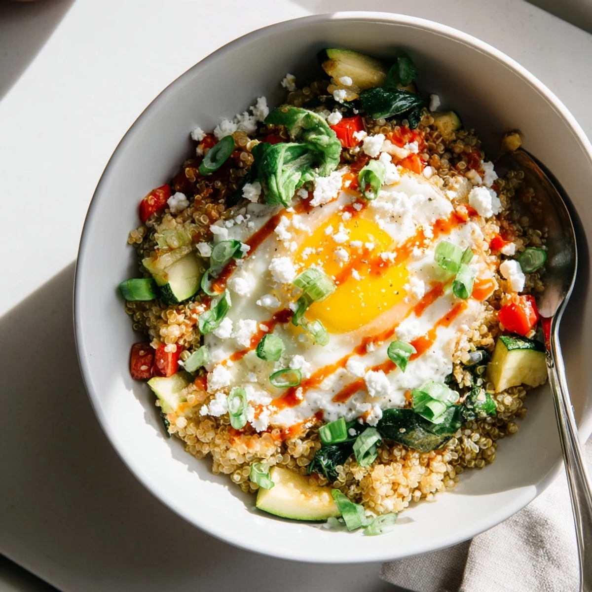 Fluffy quinoa breakfast bowl topped with sautéed vegetables and a golden fried egg
