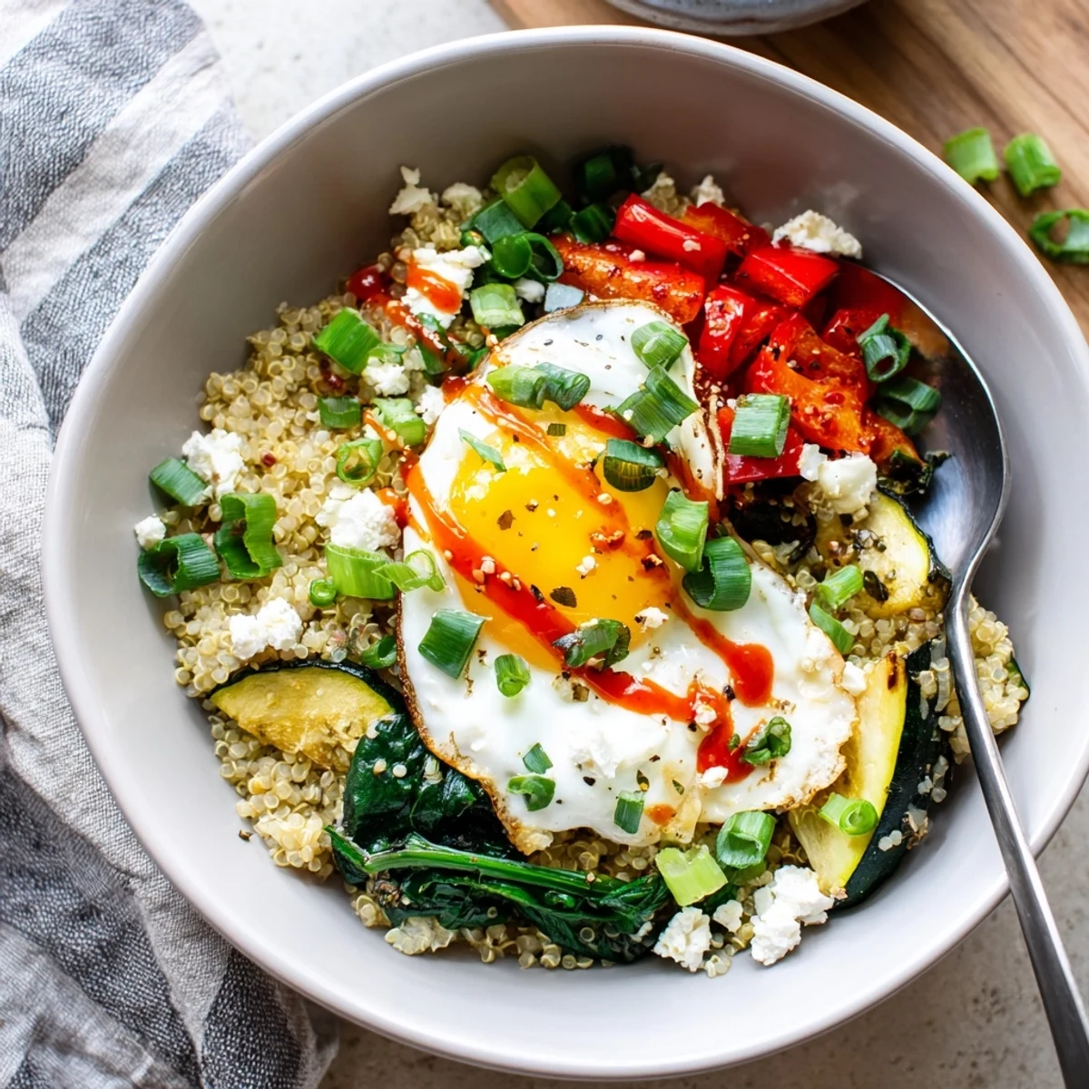 Savory quinoa breakfast bowl drizzled with zesty sriracha and sprinkled with crumbled feta
