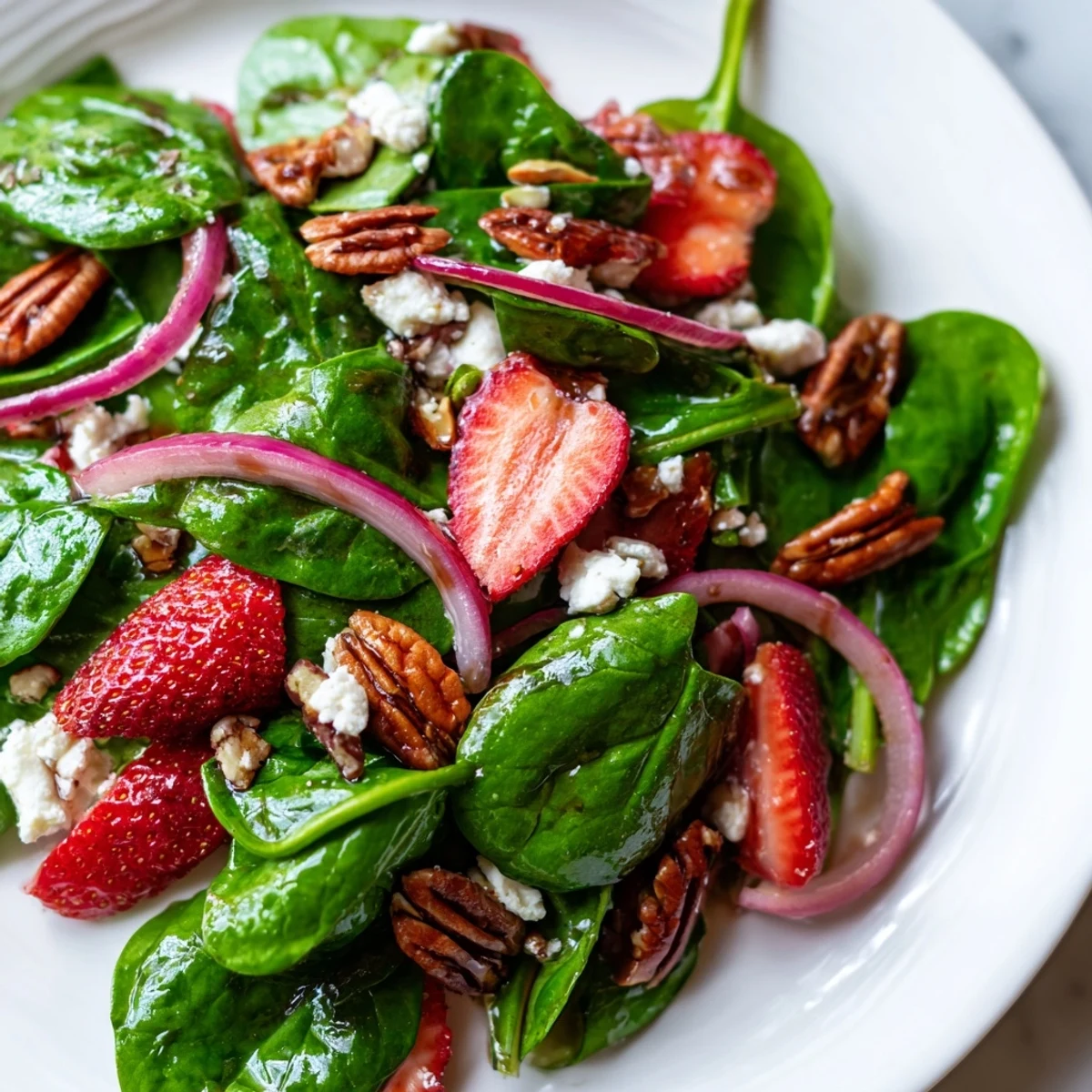Fresh spinach strawberry salad with pecans drizzled with balsamic vinaigrette on a rustic plate