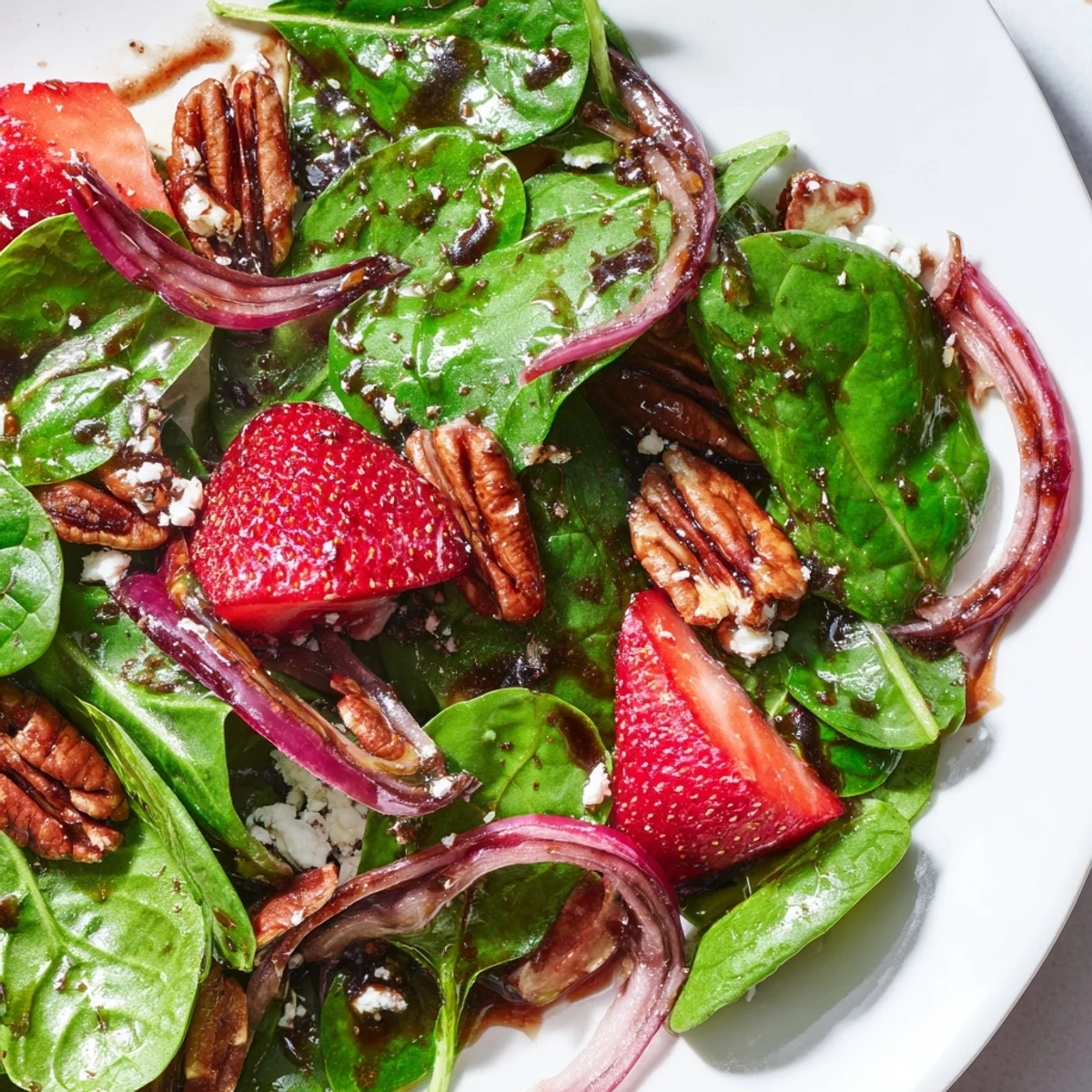 Colorful spinach strawberry salad with juicy berries and crunchy pecans served in a wooden bowl