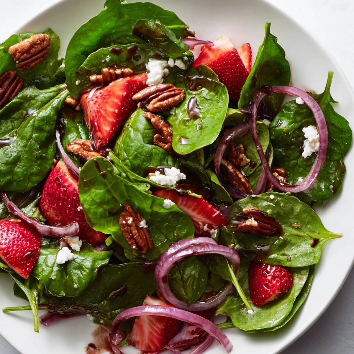 Vibrant spinach strawberry salad topped with toasted pecans and creamy crumbled goat cheese