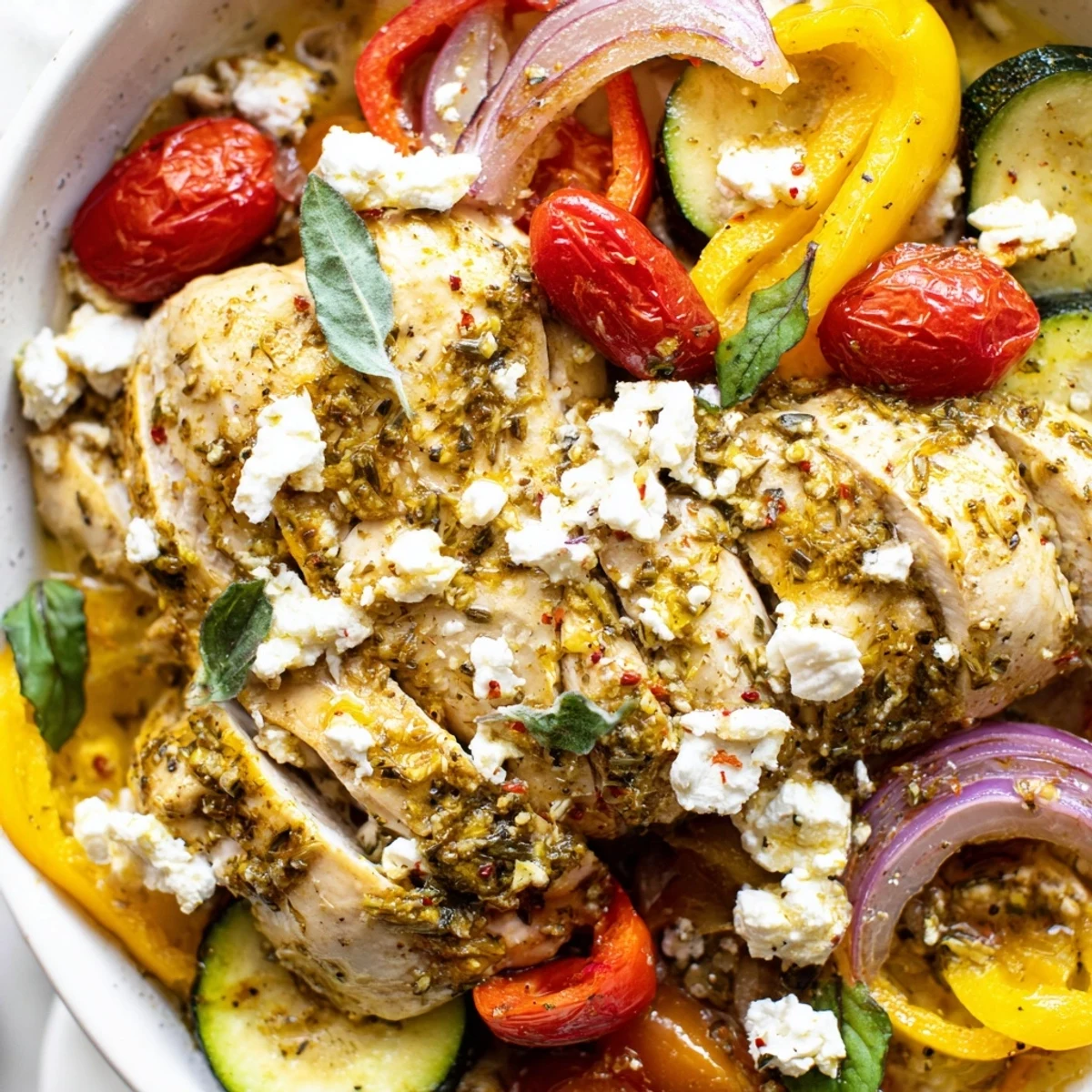 Juicy summer chicken bake topped with vibrant tomatoes spinach and fresh basil