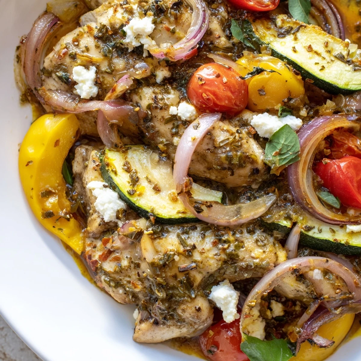 Golden summer chicken bake with roasted vegetables and crumbled feta cheese