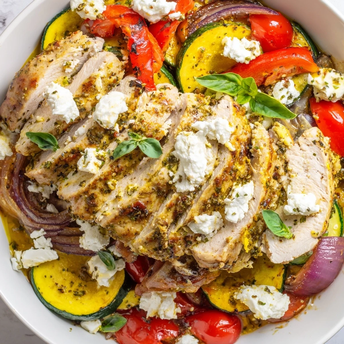 Colorful summer chicken bake fresh from the oven drizzled with lemon herb marinade