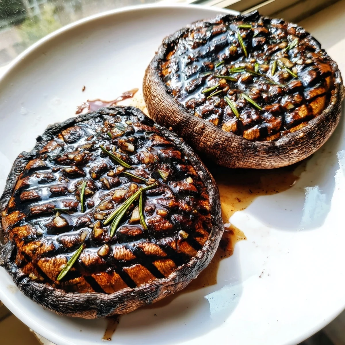 Juicy grilled Portobello steaks with charred edges, resting on a rustic wooden cutting board