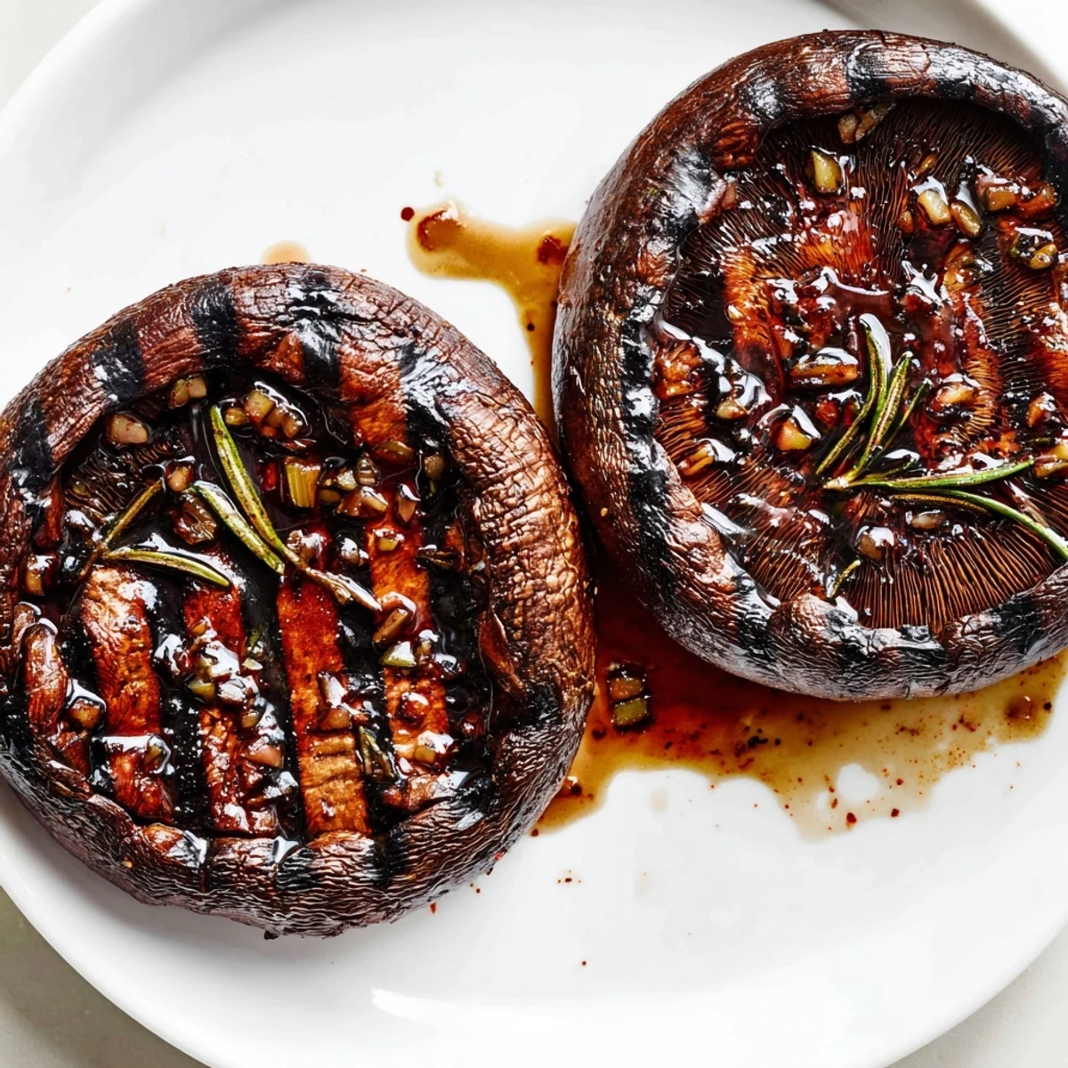 Smoky Portobello steaks drizzled with balsamic marinade, plated alongside fluffy mashed potatoes