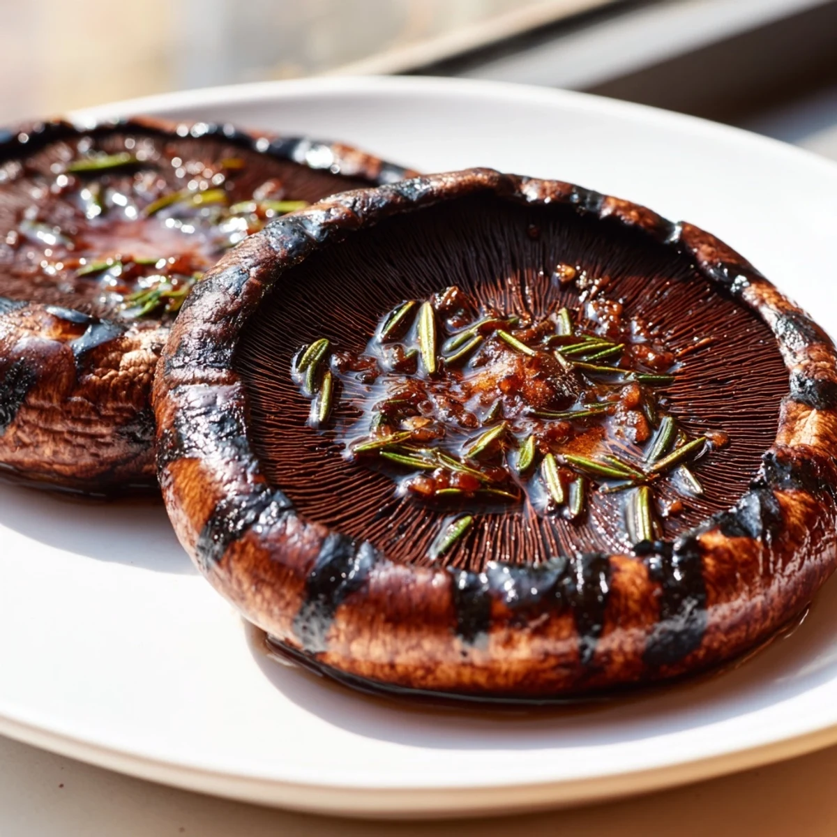 Tender Portobello mushroom steaks topped with fresh rosemary, served on a white ceramic dish
