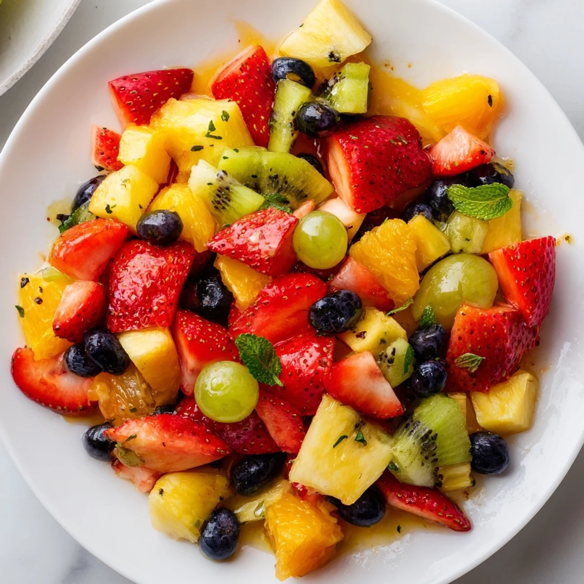 Colorful fruit salad with honey lime dressing served in a rustic white bowl