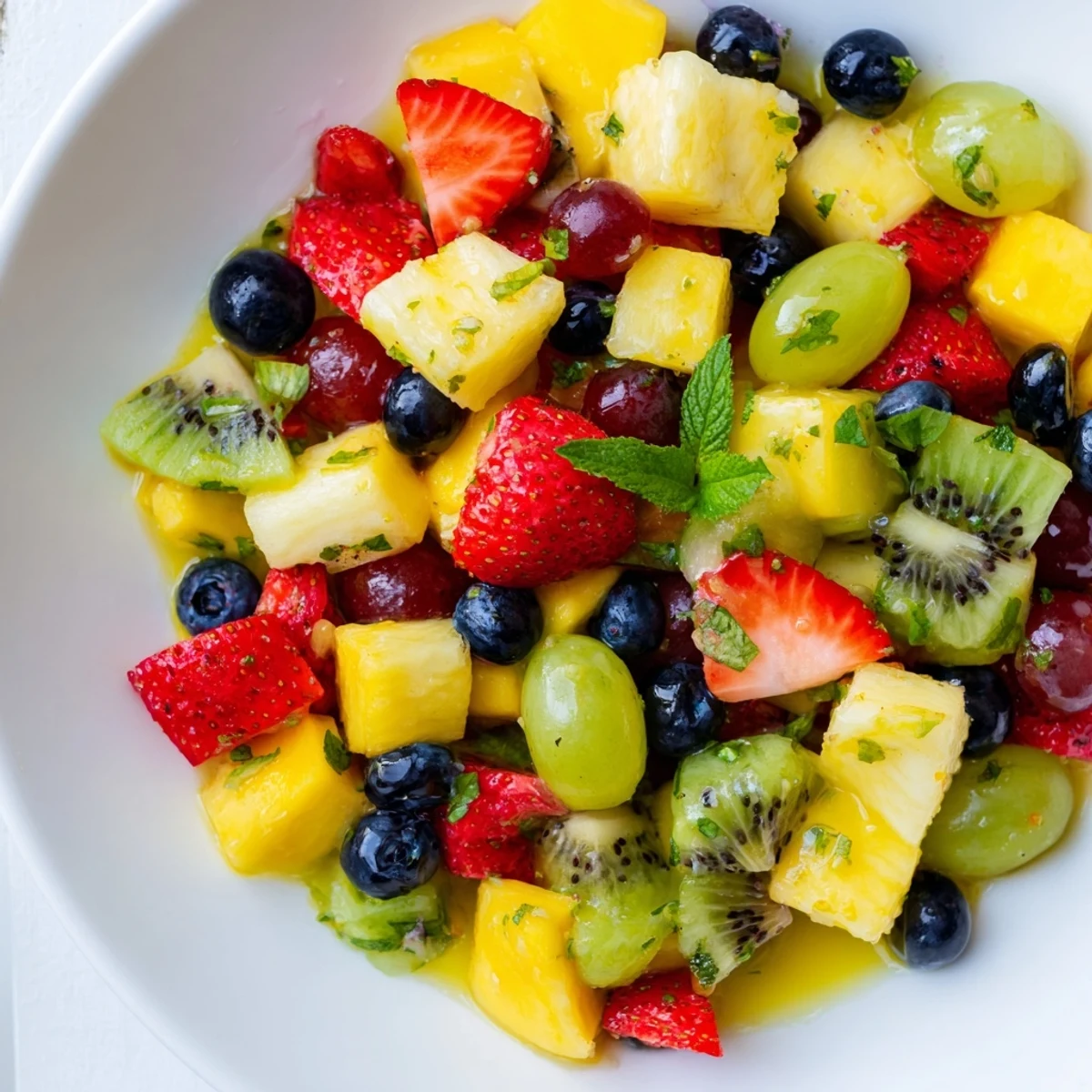 Bright summer fruit salad with honey lime dressing topped with fresh mint